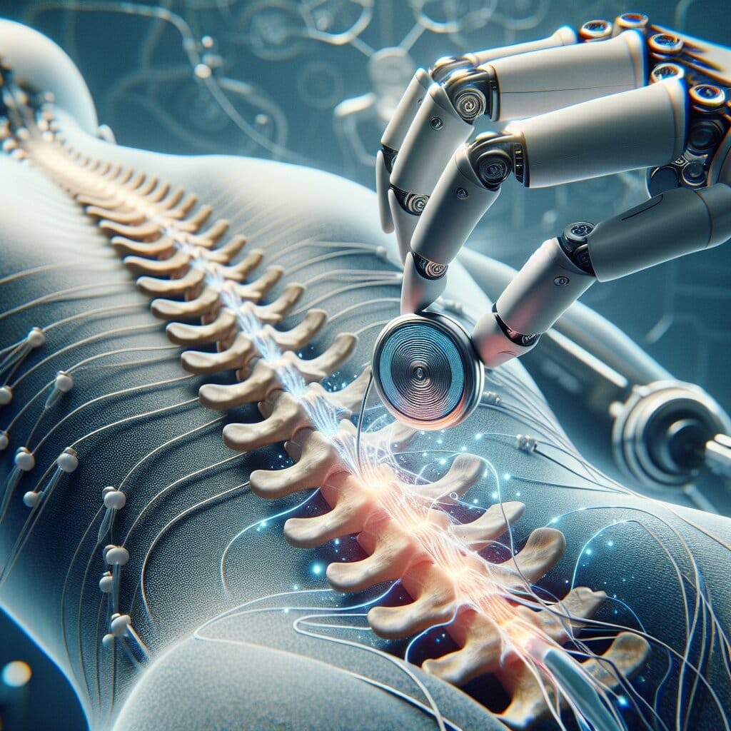 Depiction of spinal stimulation and robotics working together in paralysis rehabilitation