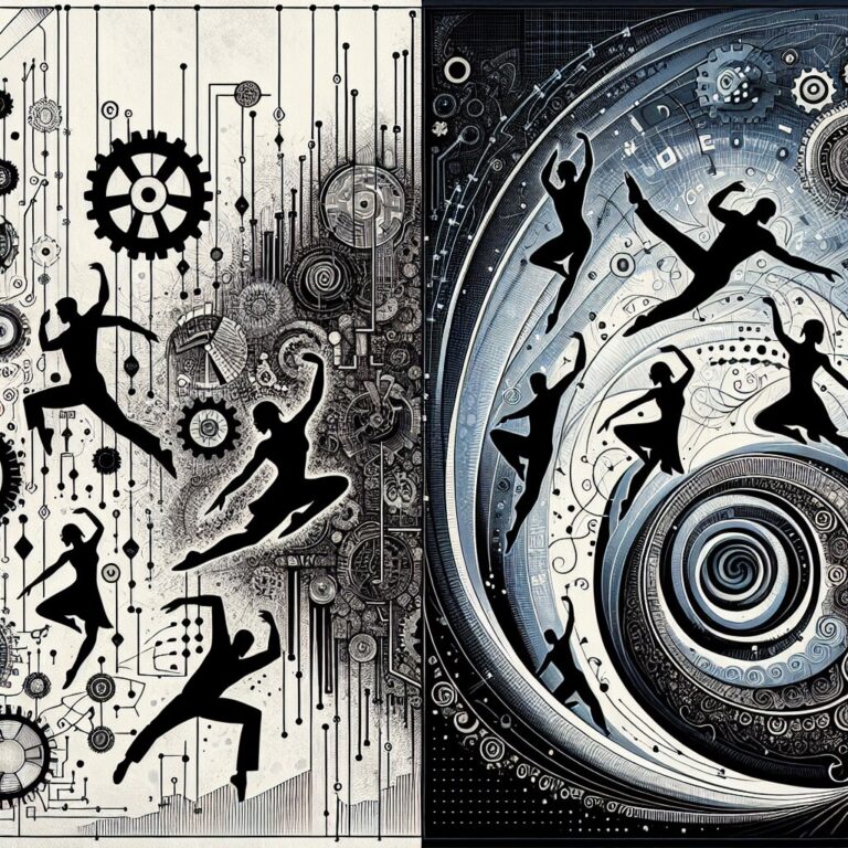 Illustration showing data streams intertwined with dancers, representing the data vs dance approaches to understanding complex systems.